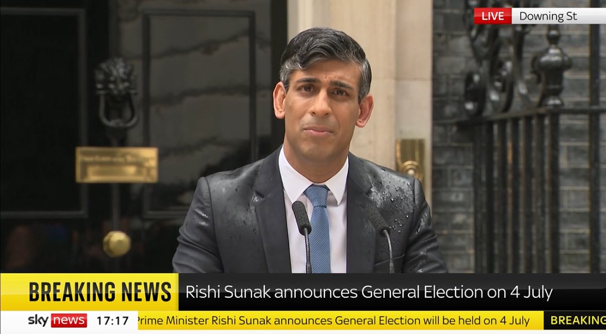 Rishi Sunak announces an election on the 4 July in the pouring rain as he strains over the sound of protestors playing “things can only get better” on loud speakers at the end of the street. The optics are awful.