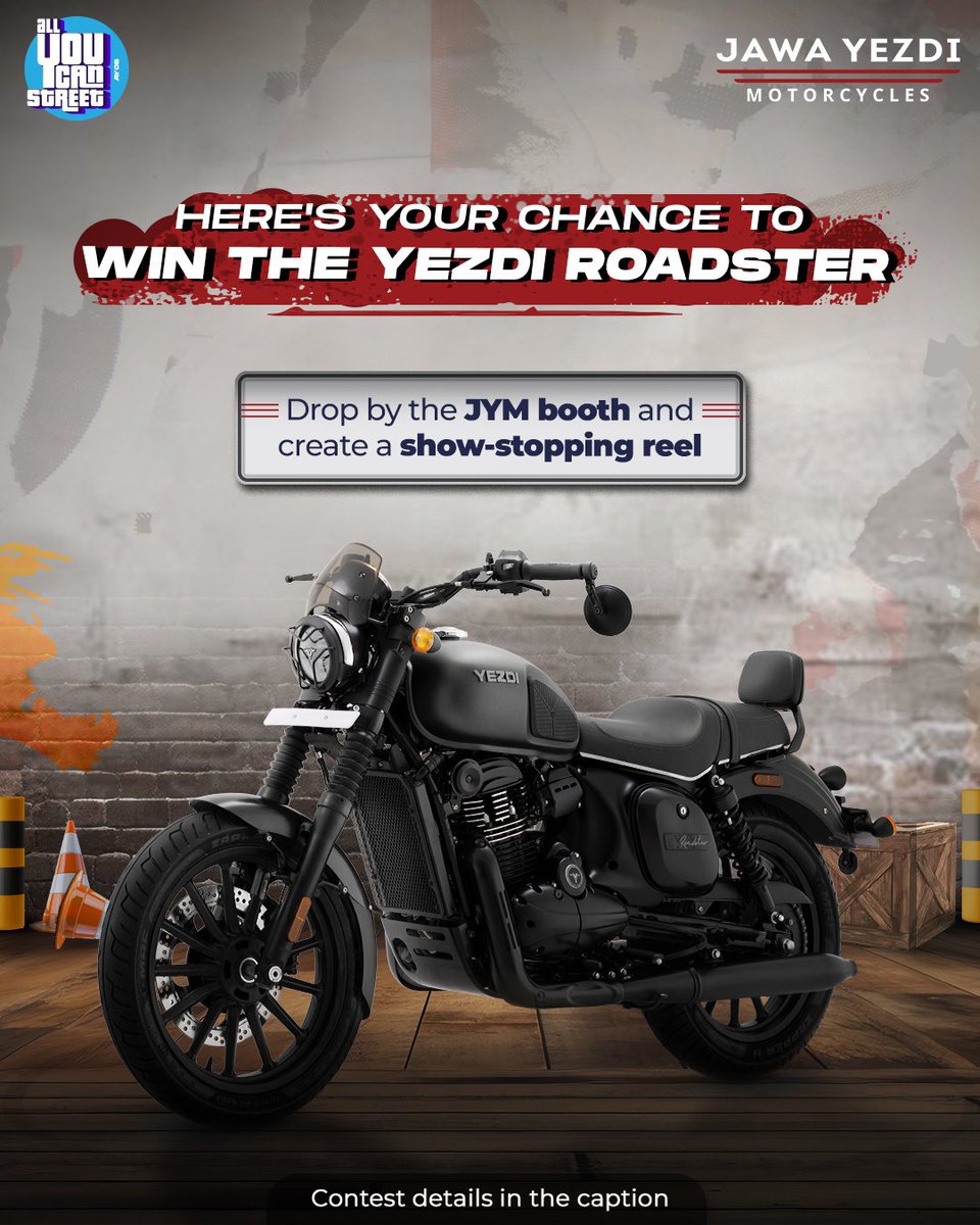 Want to win big at All You Can Street? Here’s what you need to do: - Follow and Tag @jawamotorcycles , @yezdiforever and @allyoucanstreet - Visit the JYM booth from May 24th to 26th, and create an exciting reel capturing the vibe. Be as creative as you can. - Upload it using