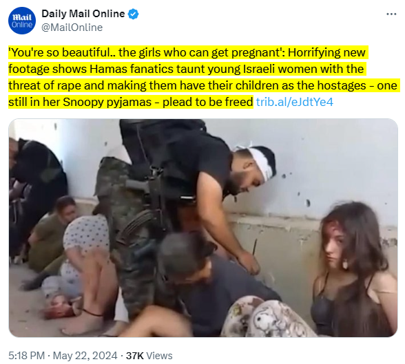 every single claim here is a lie. The 'young Israeli women' are IDF soldiers, captured on a military base. They are not 'threatened with rape', no one says 'you are so beautiful', and the 'girls who can get pregnant' line is entirely fabricated