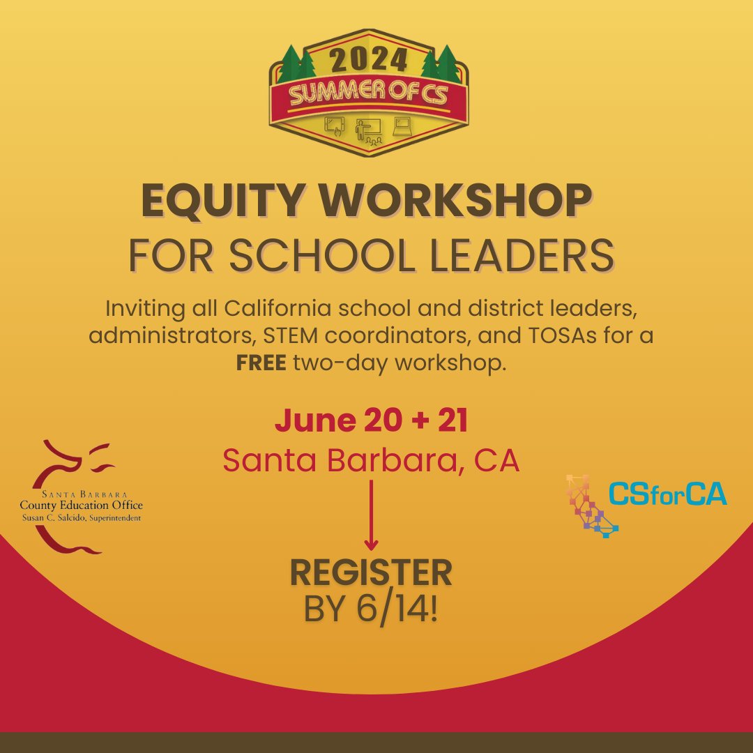 Need help implementing equitable and accessible computer science in your school, district, or county? We are partnering with @SBCEO to host a FREE workshop for school leaders this summer! Register by 6/14: sbceo.k12oms.org/569-249223
