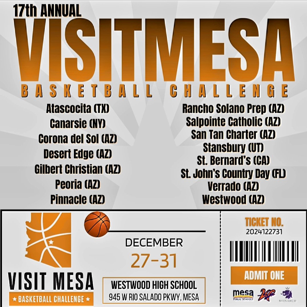 BREAKING:  Check out the list of schools participating in the 17th Annual <a href="/VisitMesa/">VisitMesa</a> (AZ) Basketball Challenge!  The premier &amp; longest-running holiday tournament in Phoenix, all games will be hosted by <a href="/WestwoodMesa/">Westwood Athletics</a> Dec 27-31!  

<a href="/visitmesabb/">Visit Mesa Basketball Challenge</a> #relevant <a href="/mpsaz/">Mesa Public Schools</a> #SaveTheDate