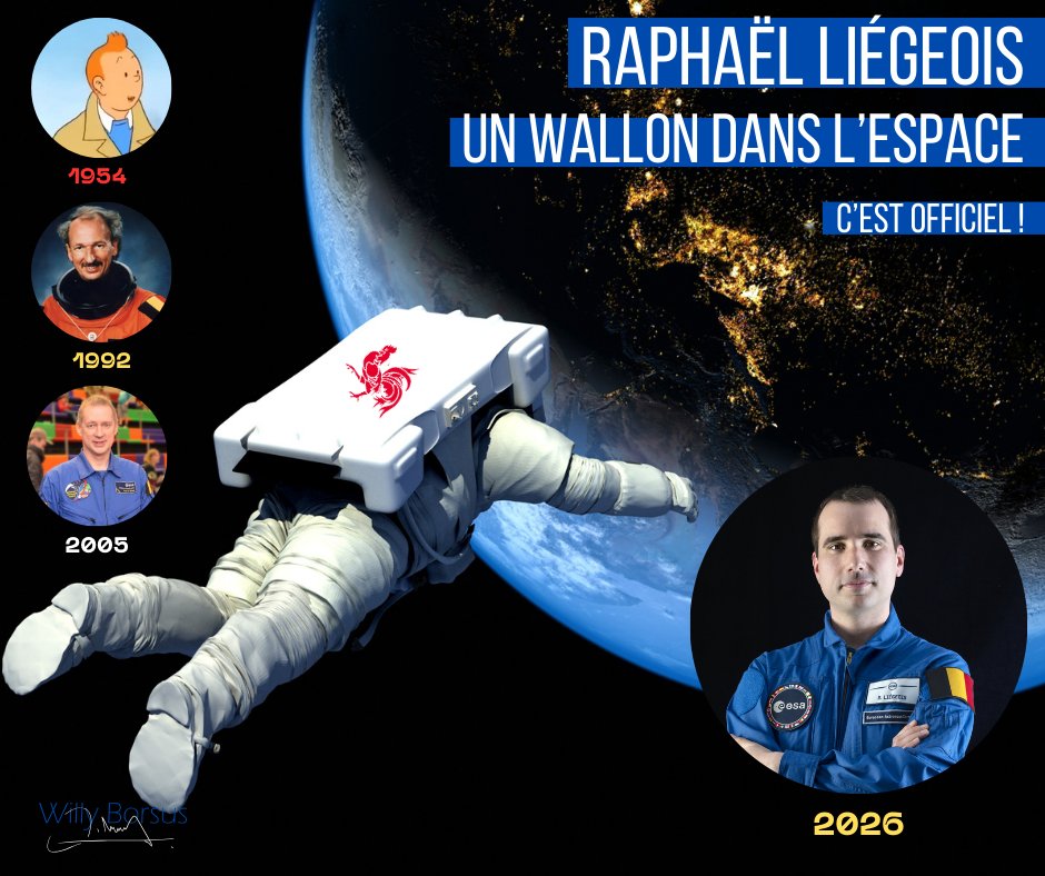 Après Tintin, Dirk Frimout & Frank De Winne, il y aura Raphaël Liégeois ! L’annonce est officielle. Une immense fierté pour les belges et pour tous les wallons, Raphaël a été sélectionné et participera à une mission à bord de la station spatiale internationale (ISS) en 2026