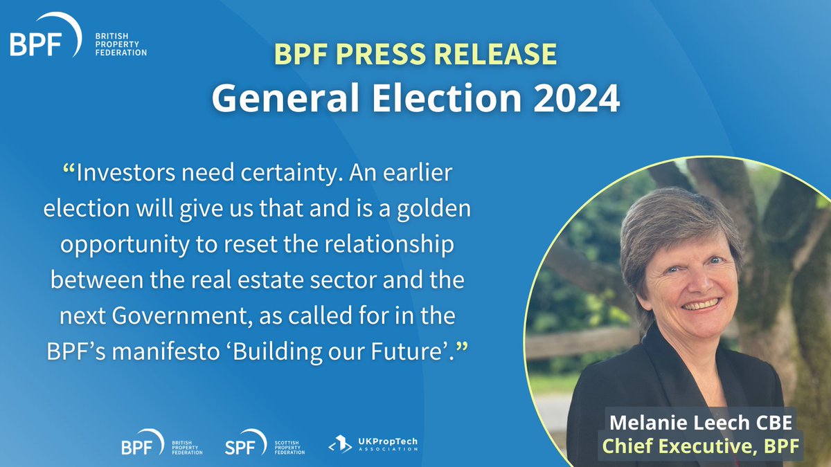 🗣️ Comments from our Chief Executive Melanie Leech following the Prime Minister's announcement on the date of the general election ⬇️

ℹ️ Find out about our industry's offer to the next Government: bpf.org.uk/our-work/gener…

#BuildingOurFuture #GE24