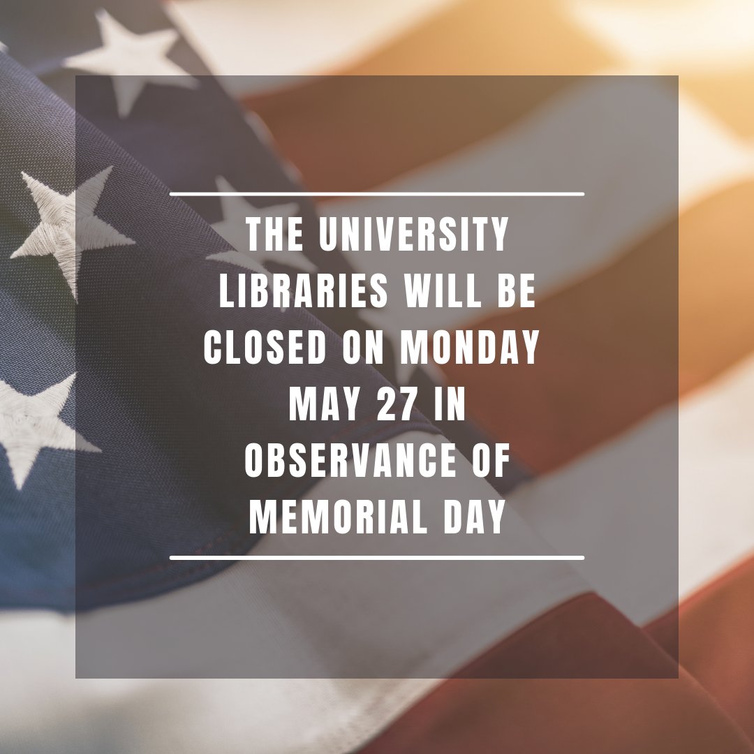 All University Libraries locations will be closed on Monday, May 27 in observance of Memorial Day. McWherter Library will open at 7:30 a.m. on Tuesday, May 28. Hours for all of our locations are available at libcal.memphis.edu/hours.