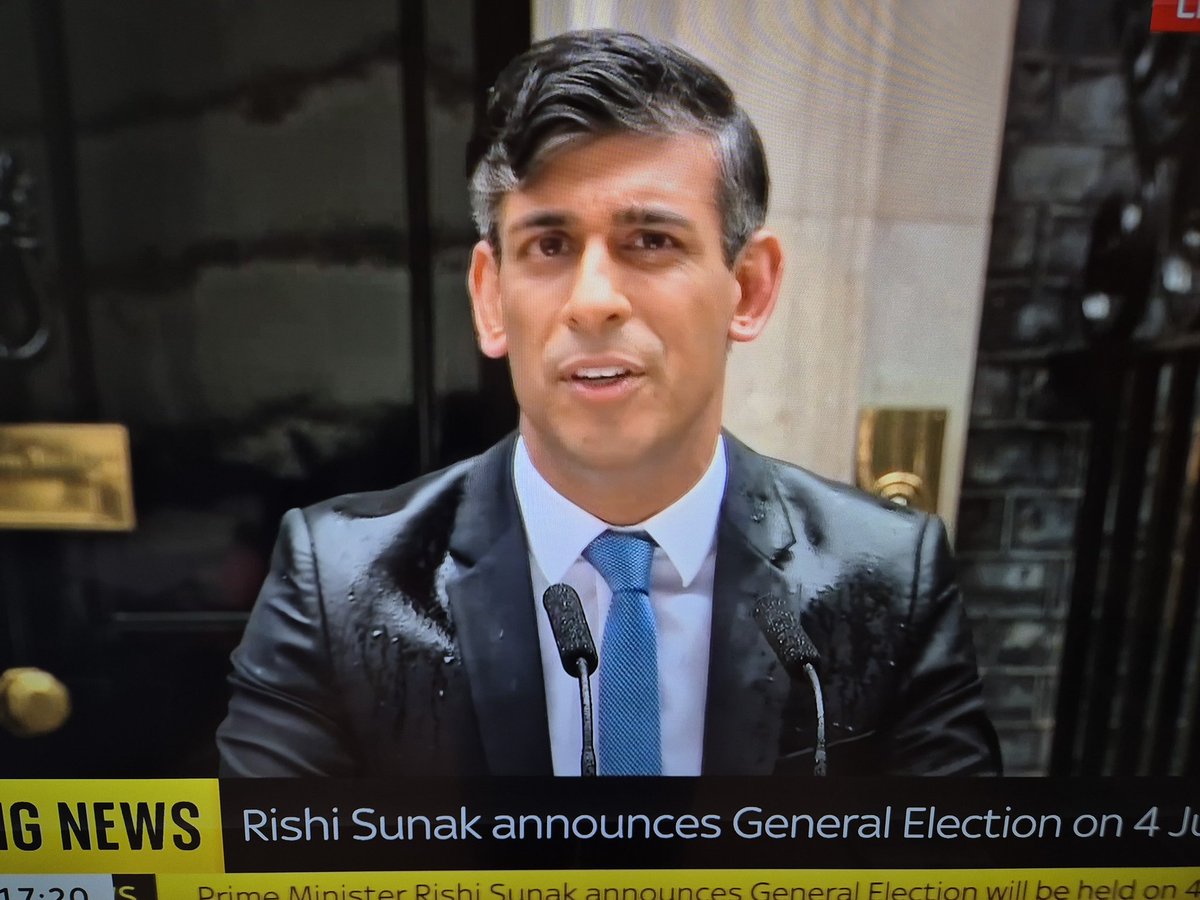 For all his 'achievements' Rishi 'I've always been honest with you' Sunak can't find an umbrella. 🤨 Is he a Tory 'wet'🤔 #GeneralElection