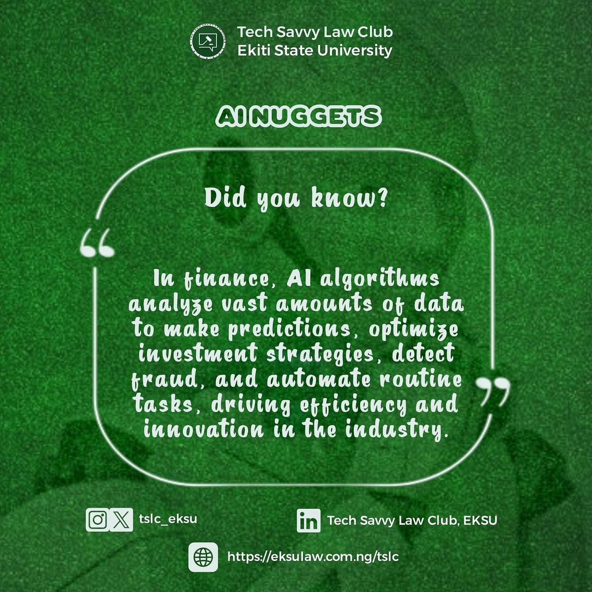 tslc_eksu's tweet photo. On this week's edition of AI Nugget

Did you know?

In finance, AI algorithms analyze vast amounts of data to make predictions, optimize investment strategies, detect fraud, and automate routine tasks, driving efficiency and innovation in the industry.
#tslc #ai https://t.co/Rp3RvOv9Pv
