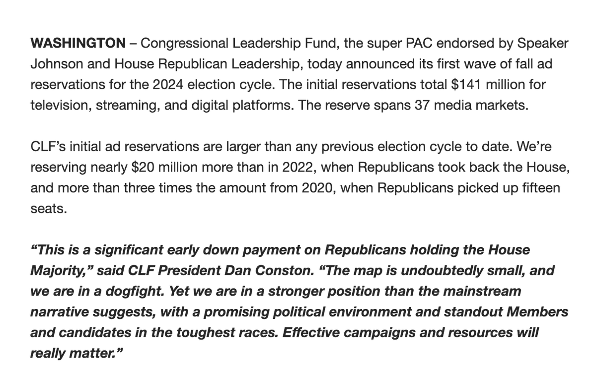 Congressional Leadership Fund announces its first round of ad reservations for November, including $1.9 million in English and Spanish ads in Harlingen (located in TX34) and $694,000 in Eng and Sp ads in El Paso
