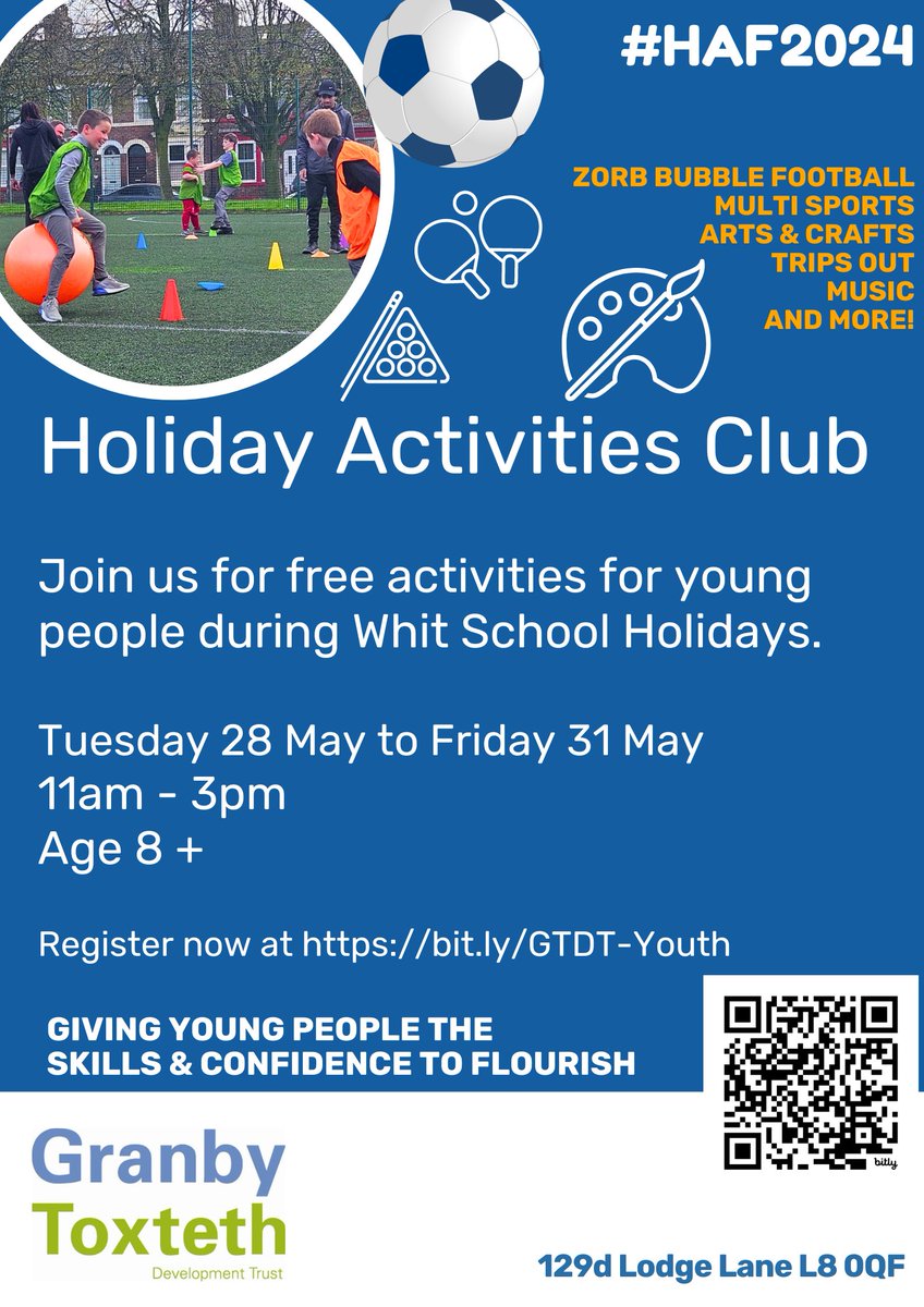 Applications also OPEN for school holiday activities around Lodge Lane for Whit NEXT WEEK Tue 28-Fri 31 May. Sports, trips out, arts&crafts, team games, healthy food and more. Register at bit.ly/GTDT-Youth Pls share, we want to welcome lots of local young people! #HAF2024