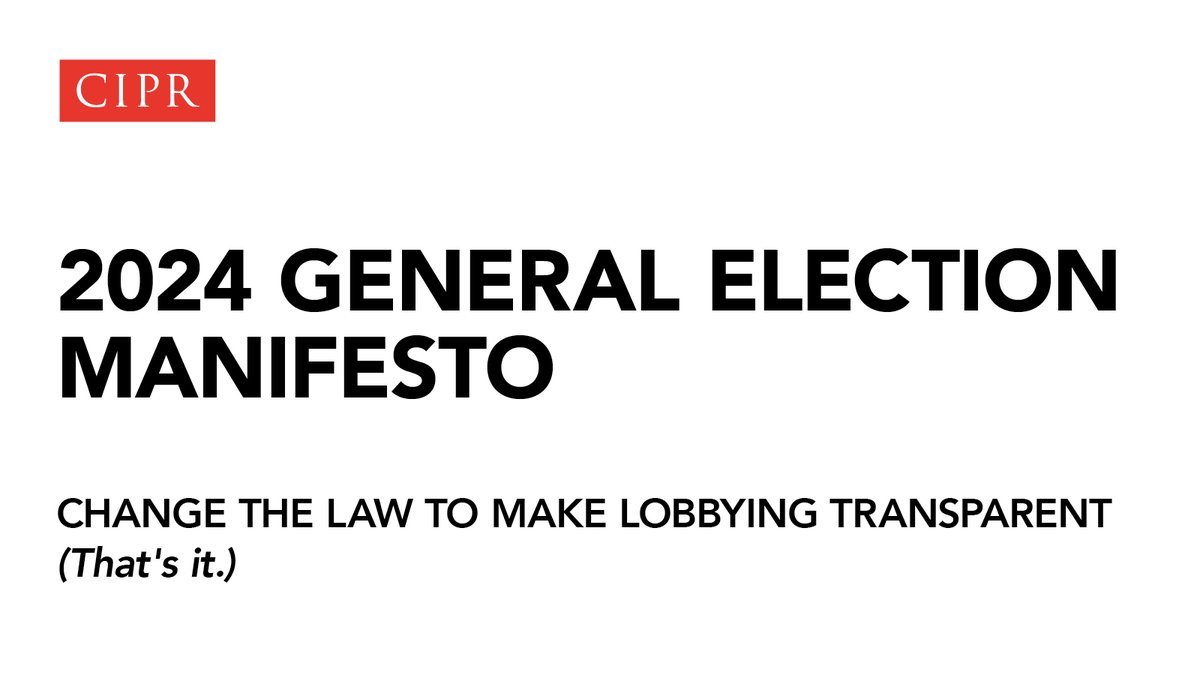 With news of a UK #GeneralElection this summer, the CIPR is pleased to publish our 2024 Manifesto.

We're calling for all parties to commit to reforming lobbying legislation. That's it.

Find out more &gt; bit.ly/4dSHFze