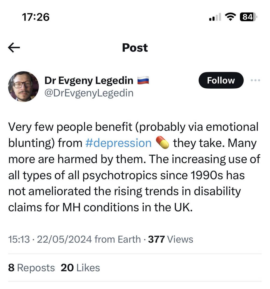 Breaking my own rule never to comment on this person’s tweets ever again, but I can personally say that antidepressants saved my life and without emotional blunting. End