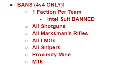 🚨 RULES UPDATE

•  1 Faction Per Team 
•  M16 BANNED 

♻️ RT TO SPREAD AWARENESS

FULL 4v4 RULES: