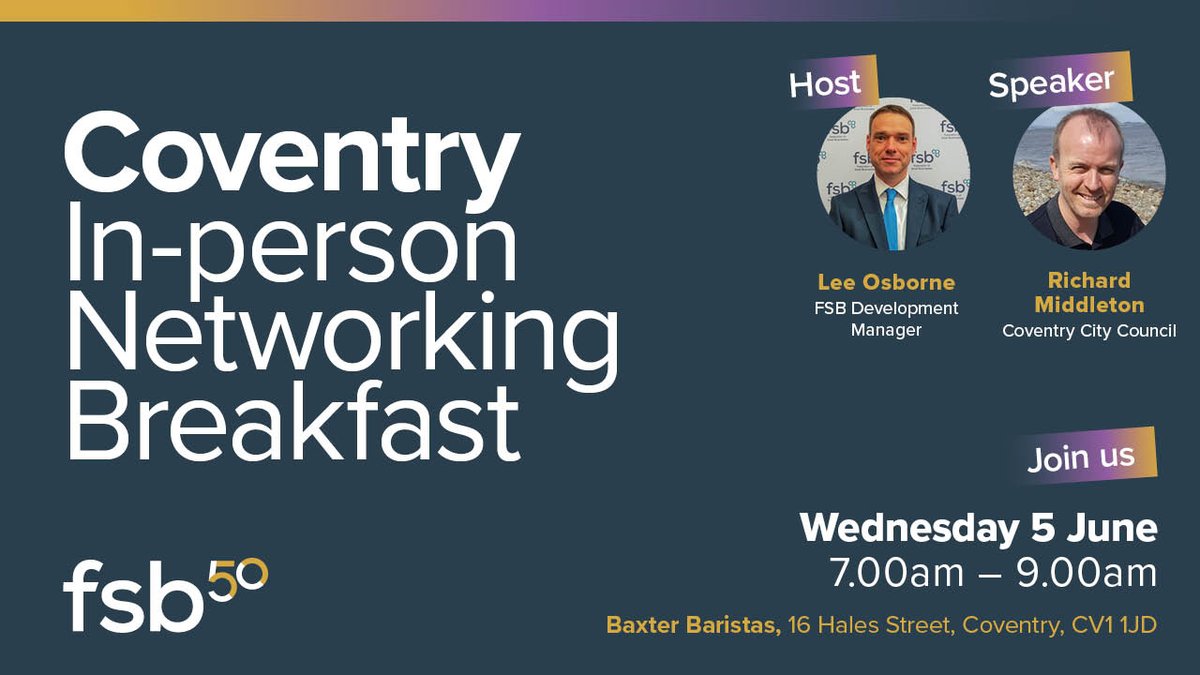 Calling #Coventry and #Warwickshire #smallbiz. Our #Coventry networking returns in two weeks on 5 June @16halesstreet Join us for friendly & informal networking to grow your network over an excellent breakfast. Open to all fsb.org.uk/event-calendar…