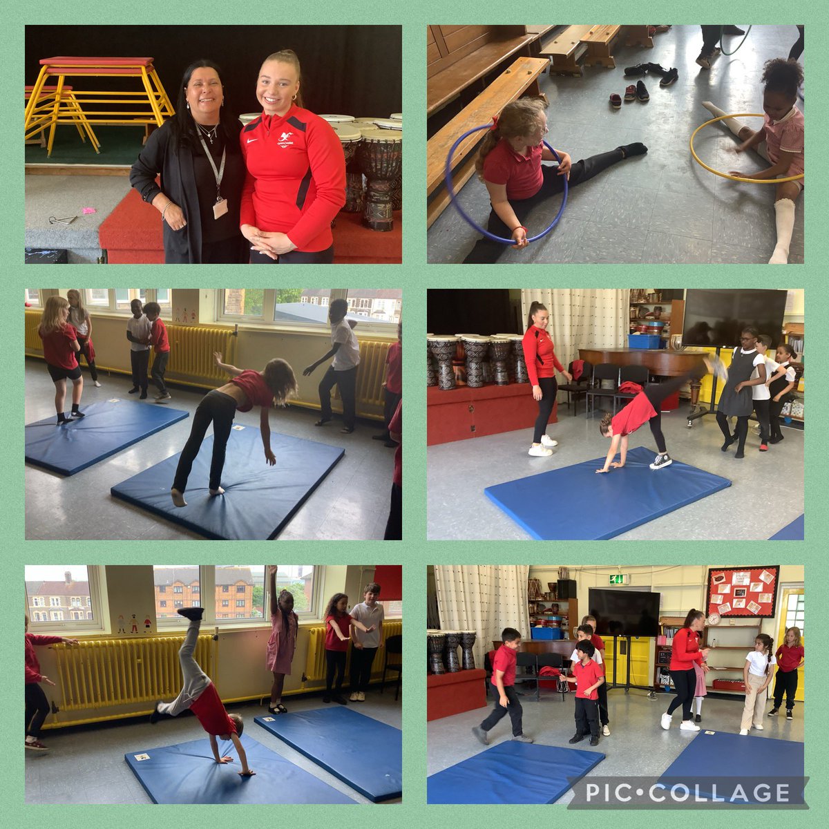Diolch yn fawr to Gemma and Sophia for visiting Yr3 today. We loved talking with you and practising our gymnastics. Mrs Bond came to talk about her memories from 1978 when she represented Wales in the Commonwealth games👍🏽🏅😍@TeamWales #inspiredtokeepontraining #welovegymnastics