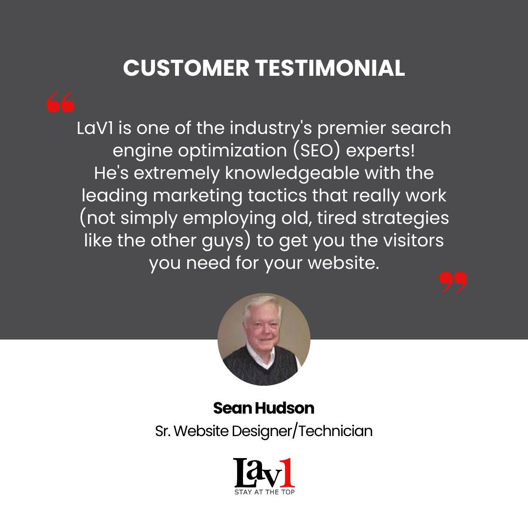 Curious about LaV1's SEO and link building services? Don't just take our word for it; see what our clients have to say.

Thank you, Sean, for sharing your experience.

#lav1inc #clienttestimonial #seo #seoexperts #seotactics #organictraffic #onlinevisibility #websitetraffic