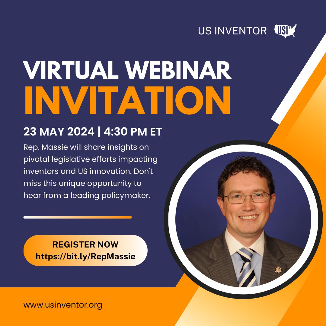 Join US Inventor for a special Zoom webinar with Representative Thomas Massie tomorrow!

Event Details:
- Date: Thursday, May 23rd, 2024
- Time: 4:30 PM ET

Register Now to secure your spot. us02web.zoom.us/webinar/regist…

#Zoom #VirtualWebinar #USInventor #RALIA #Patents #Inventor