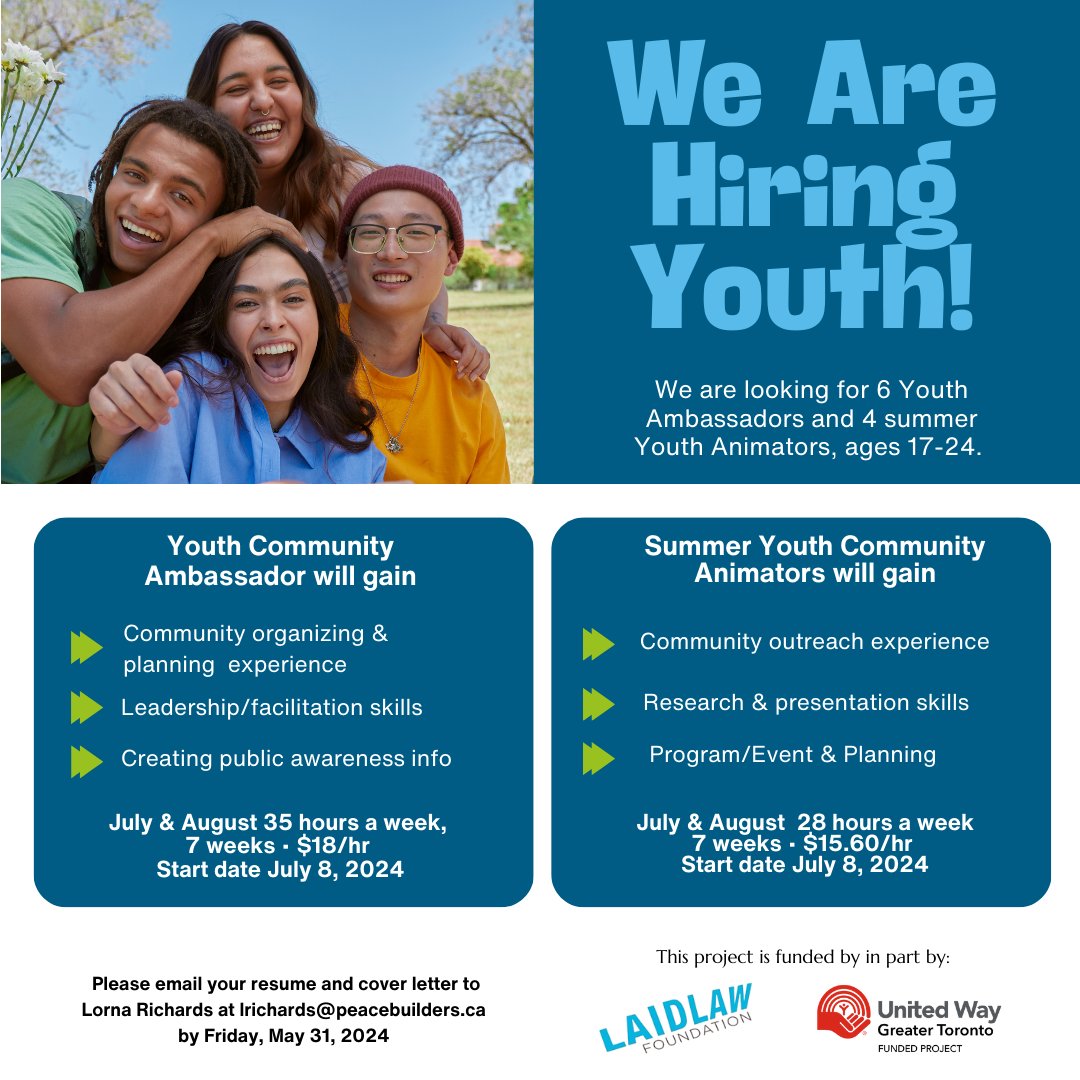 Exciting Opportunity for Youth ages 17-24! 

Join us as Peacebuilders Youth Community Ambassadors or Youth Community Animators!

Apply by Friday, May 31, 2024, and send your resume and cover letter to Lorna Richards at lrichards@peacebuilders.ca