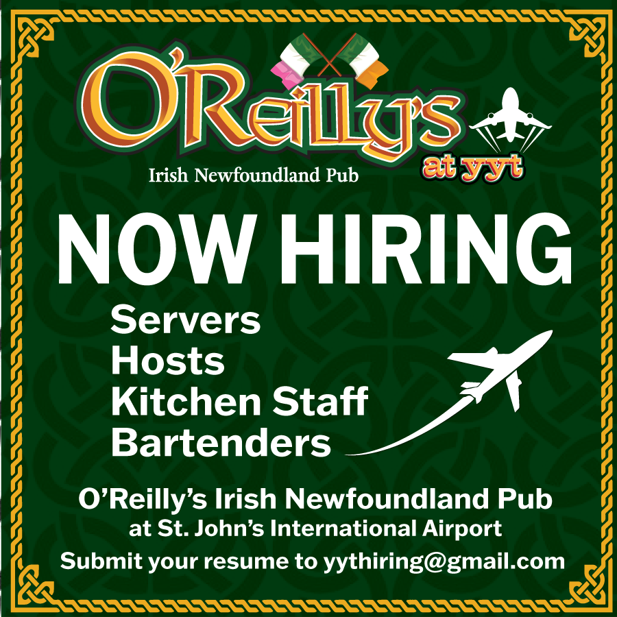 🌟 Join our team at O'Reilly's at YYT (St. John's International Airport)! 🌟 🍽 Servers. 🎉 Hosts. 👩‍🍳 Kitchen Staff. 🍹 Bartenders! Email your resume to yythiring@gmail.com today! #NowHiring #OReillysYYT #HospitalityJobs #JoinOurTeam 🍀
