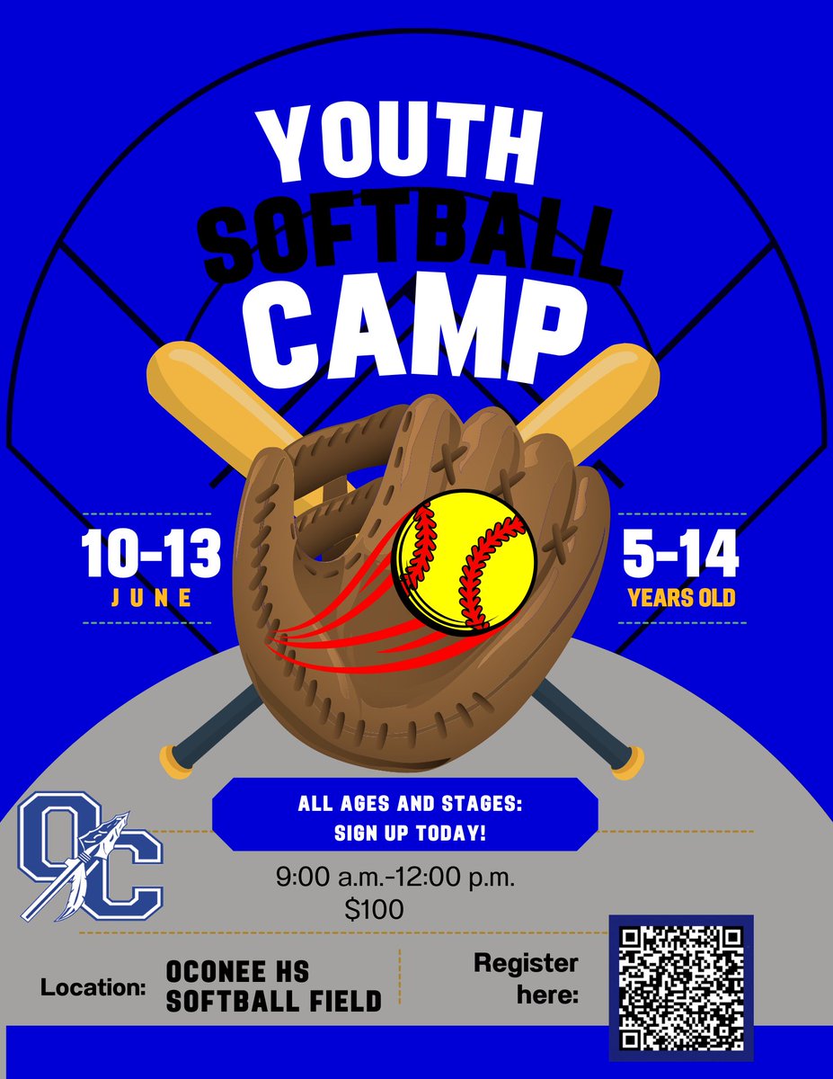 Come join the fun! Use the QR code and register today. Instruction, competition, tshirts, awards and a slipping slide. 🥎💙 @OCHS_Athletics