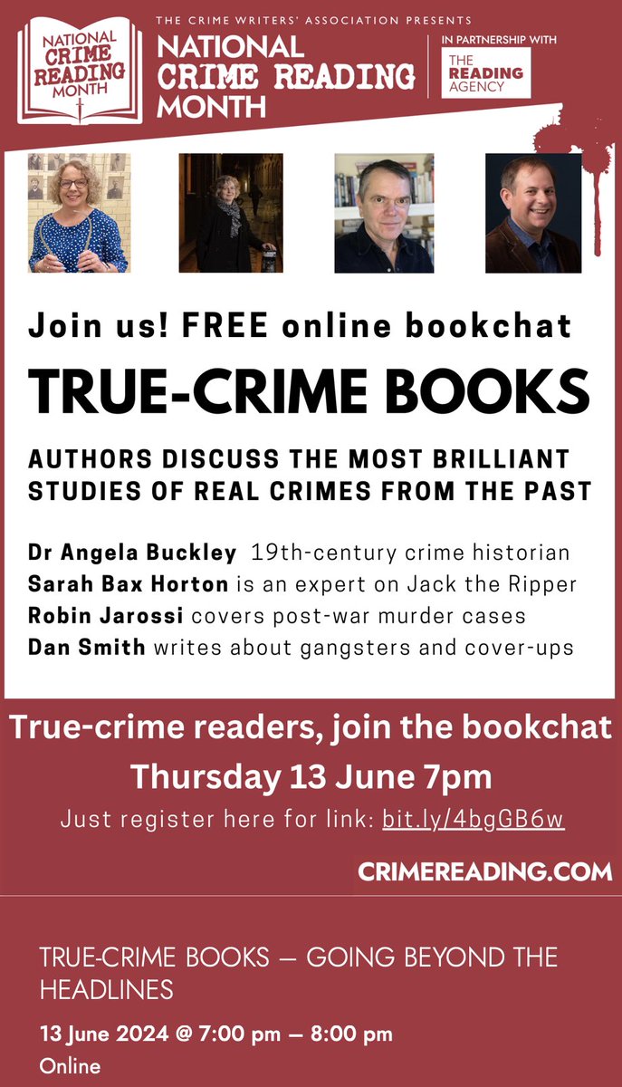 Are you fascinated by real-life mysteries, intriguing crime cases and thrilling investigations? Join @RobinJarossi @horton_bax @DanSmith_Writer and me for a lively discussion of some gripping true crime books. Sign up here for free 👉 us06web.zoom.us/webinar/regist…