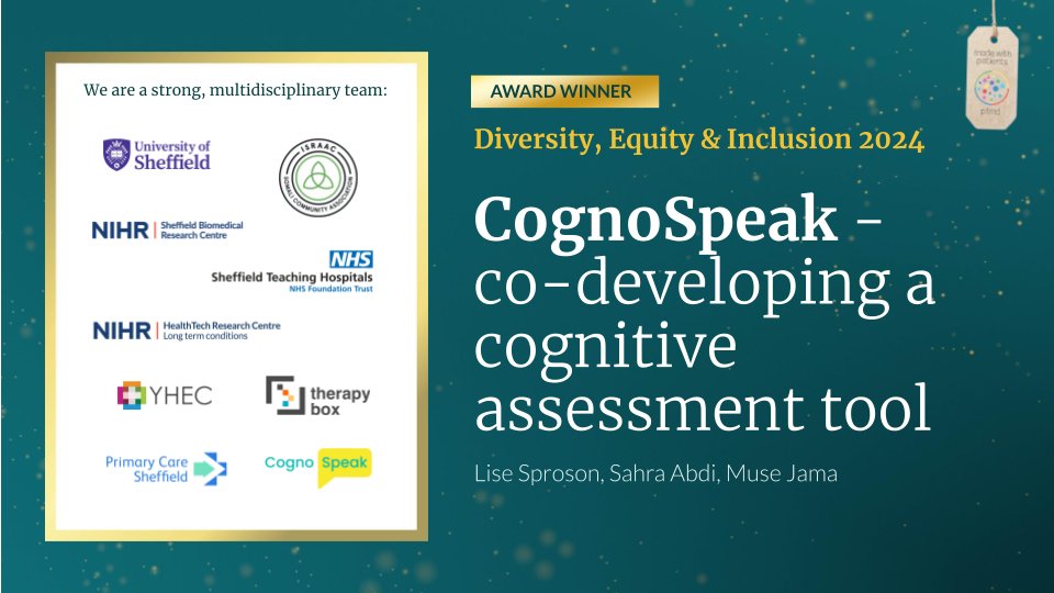 PFMDwithPatient's tweet photo. 🏆 "CognoSpeak" won the Diversity Equity and Inclusion Award at #MadewithPatients2024! It is a cognitive assessment tool that reflects diverse community needs.

🌍 Strong DEI focus, wide community engagement, and high-quality outcomes mark its success.

👉 https://t.co/ISgn6yjOeL https://t.co/VutgjJzT0x