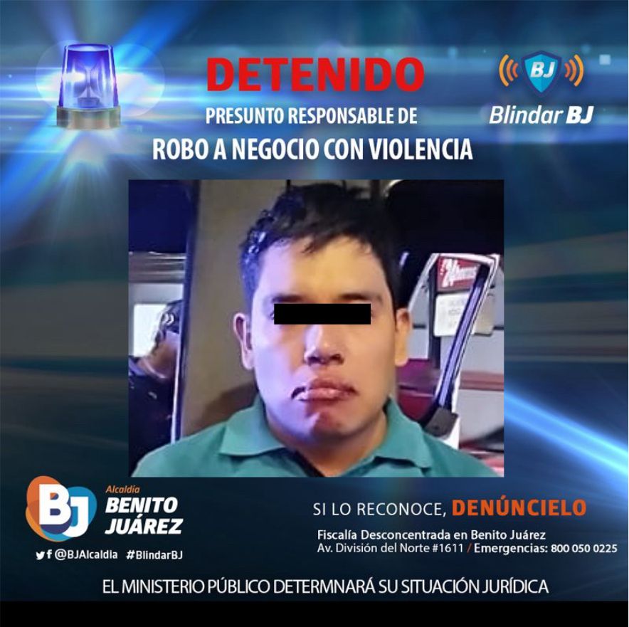 🚨El Equipo de Proximidad #BlindarBJ detuvo a un sujeto por robo a negocio con violencia en Gabriel Mancera, Del Valle Norte. 🚔