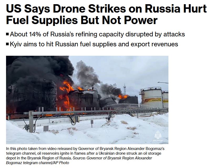 🇺🇦🇷🇺 Russia lost 14% of their refinery capacity &amp; saw domestic fuel prices rise by up to 30% due to Ukrainian drone strikes

This assessment was made by the US Defense Intelligence Agency, based on strikes conducted from Jan 21-Mar 24. They also assessed that there was a