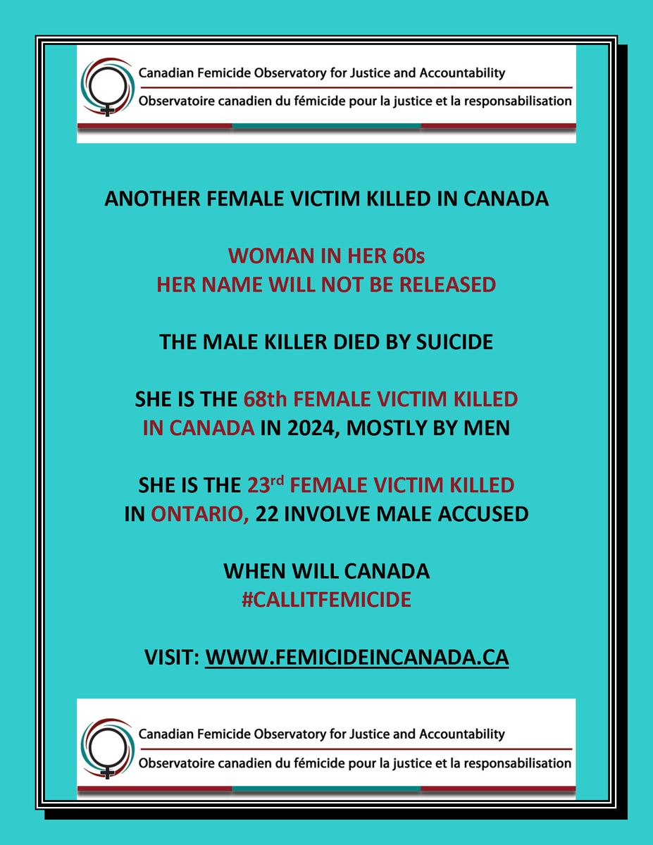 A woman in her 60s killed by her husband.

He died by suicide so she remains invisible in death.

She is 68th woman to be killed in #Canada & 23rd in Ontario, mostly by men, so far in 2024.

#CallItFemicide

Partial: barrie.ctvnews.ca/longtime-bradf…

Full story will likely never be told.