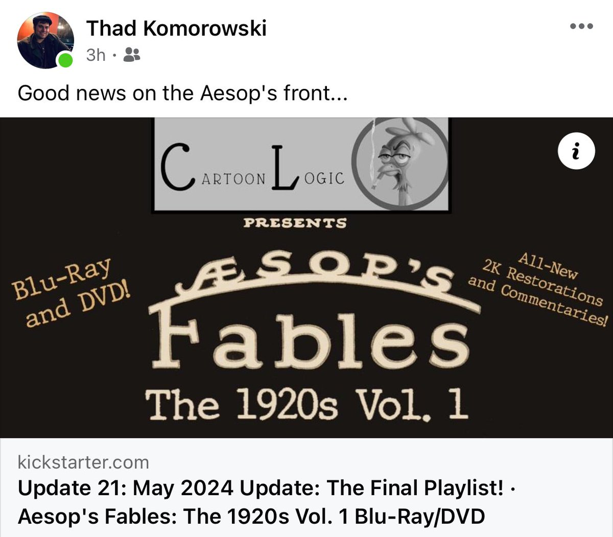 🎞️Thad Komorowski shares an update on the upcoming ‘Aesop’s Fable’ blu ray!🎞️ kickstarter.com/projects/thadw… @allnewzbadnewz