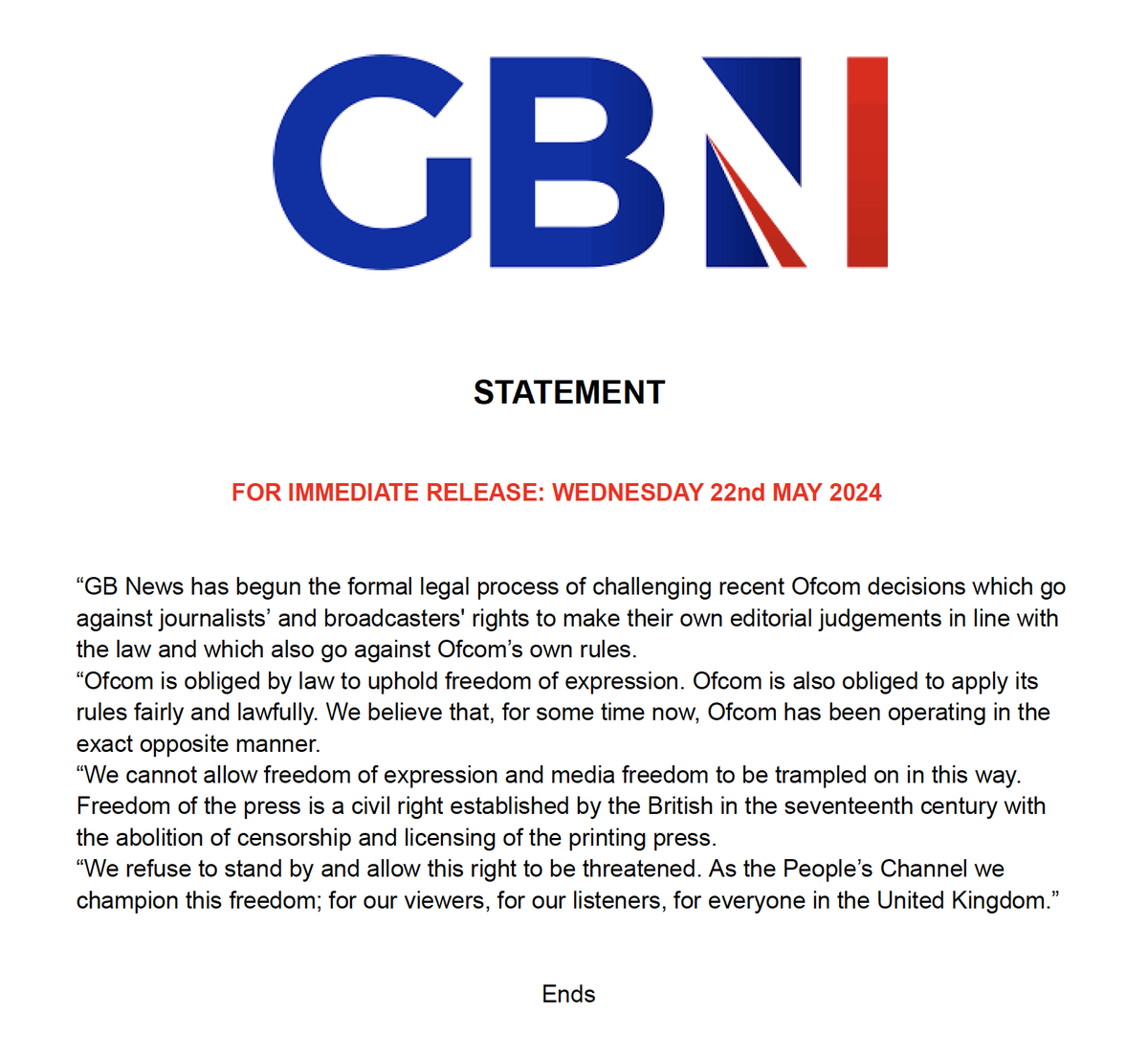 In other news, this is a significant legal challenge by GB News against the Offcommunists. It cannot be right that there is a constant attrition against one broadcaster for daring to reach audiences that the Established broadcasters do not. This bias must be challenged to protect