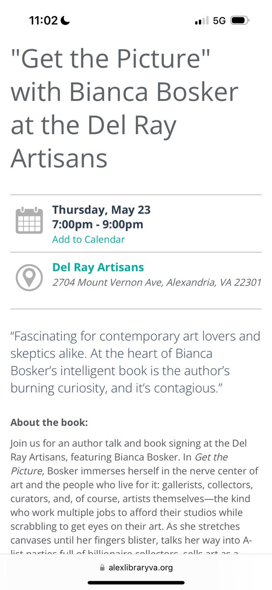 Bianca Bosker (@bbosker) on Twitter photo Oh hi. If youre in Alexandria/the DC area/anywhere in the world but can get to Alexandria by Thursday evening: please come join me Thursday at 7pm for this! <a href="/alexlibraryva/">Alexandria Library</a> <a href="/DelRayArtisans/">Del Ray Artisans</a>
alexlibraryva.org/event/10095238 Oh hi. If youre in Alexandria/the DC area/anywhere in the world but can get to Alexandria by Thursday evening: please come join me Thursday at 7pm for this! <a href="/alexlibraryva/">Alexandria Library</a> <a href="/DelRayArtisans/">Del Ray Artisans</a>
alexlibraryva.org/event/10095238