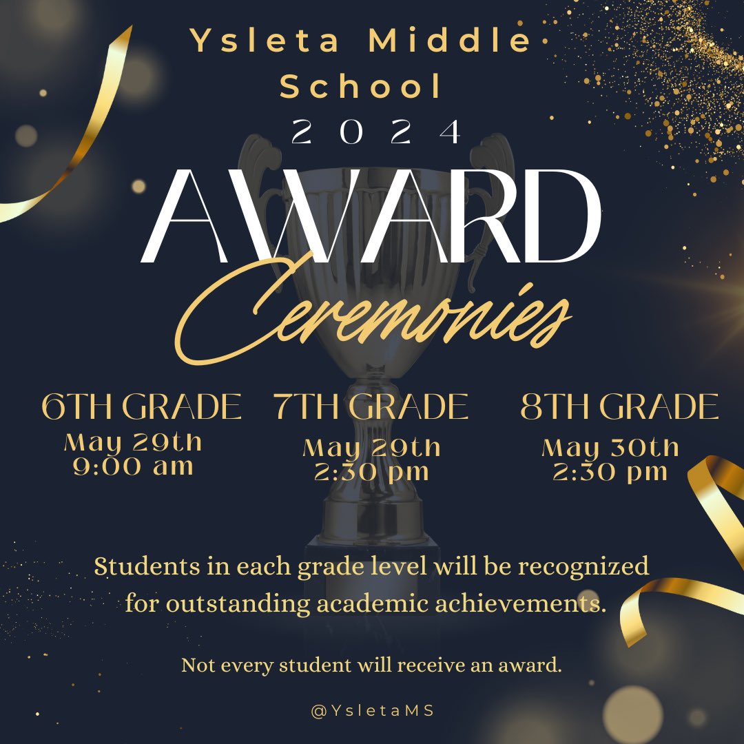 We will be recognizing our outstanding Braves @YsletaMS at our Awards Ceremonies next week! @YsletaISD @JosePerYMS @Gonzalez_YMS @BaumlerEllen @yms_counselor