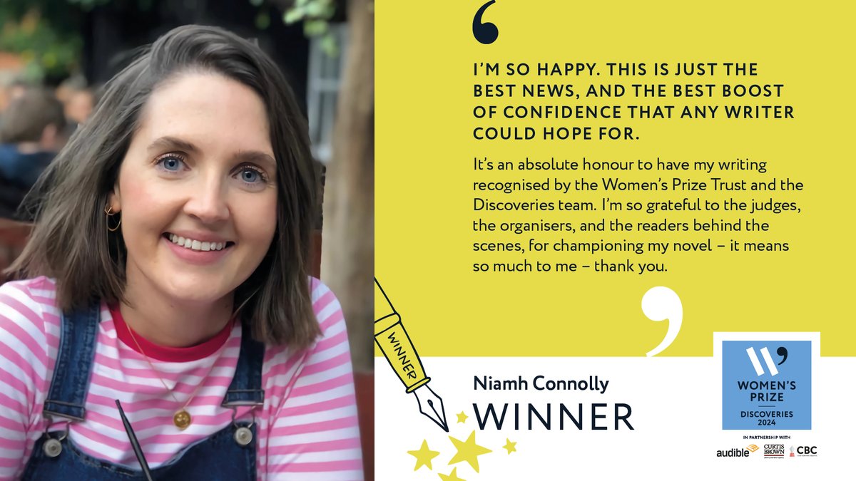 CBGBooks's tweet image. We’re excited to reveal the winner of #Discoveries2024! 📖✨ 
@WomensPrize @cbcreative @audibleuk 
Huge congratulations to Niamh Connolly, read all about her Irish-set novel-in-progress Game Theory here: curtisbrowncreative.co.uk/blog/announcin…