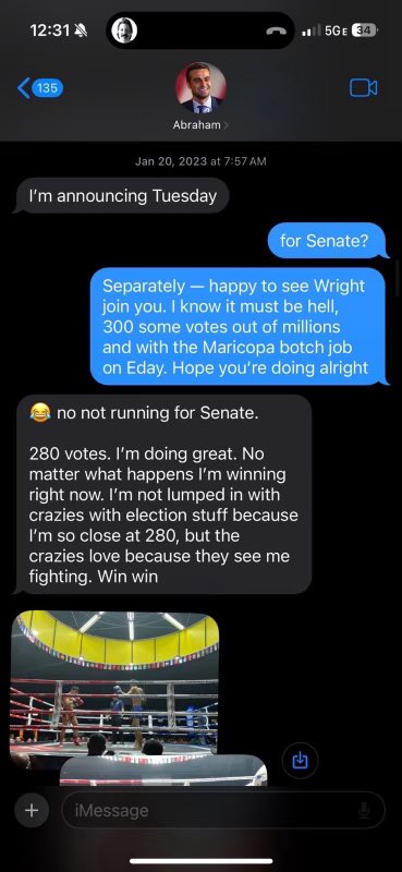 BREAKING: Congressional candidate @AbrahamHamadeh called election deniers “crazies” in Jan 2023 texts to his now-primary opponent, Blake Masters. Hamadeh has said his election challenges helped him get Trump’s endorsement.