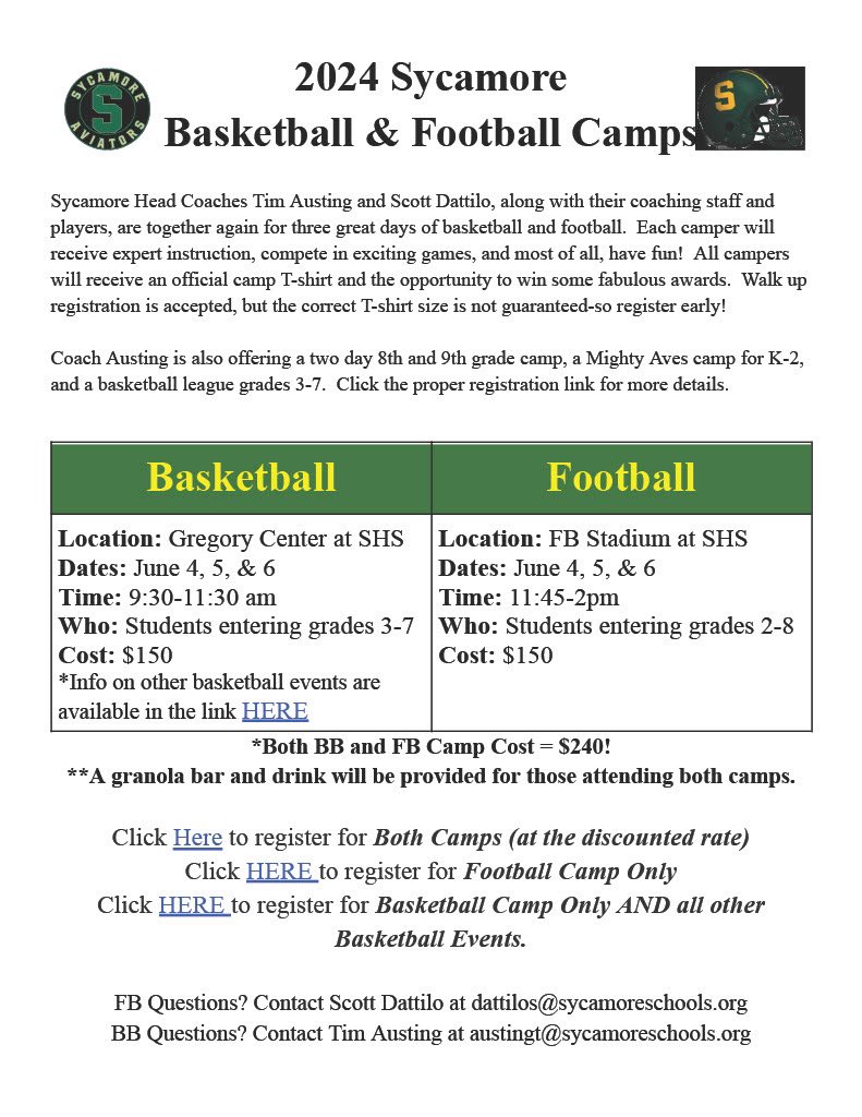 See below for more information on Sycamore’s Basketball and Football camps