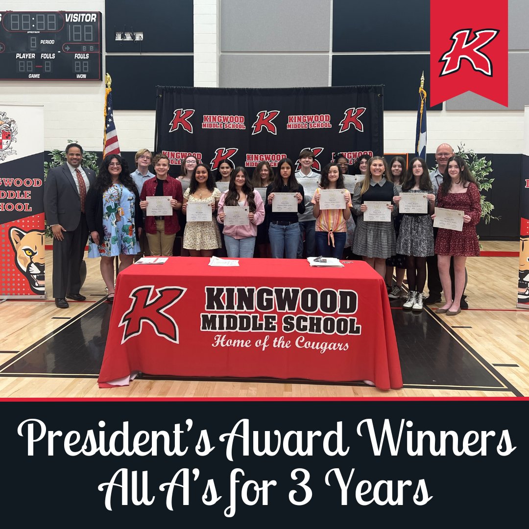 Congratulations to these exceptional 8th graders who have been honored with the President's Award for maintaining straight As over the past three years. Your academic excellence and #KMSCougarPride🐾 are commendable!