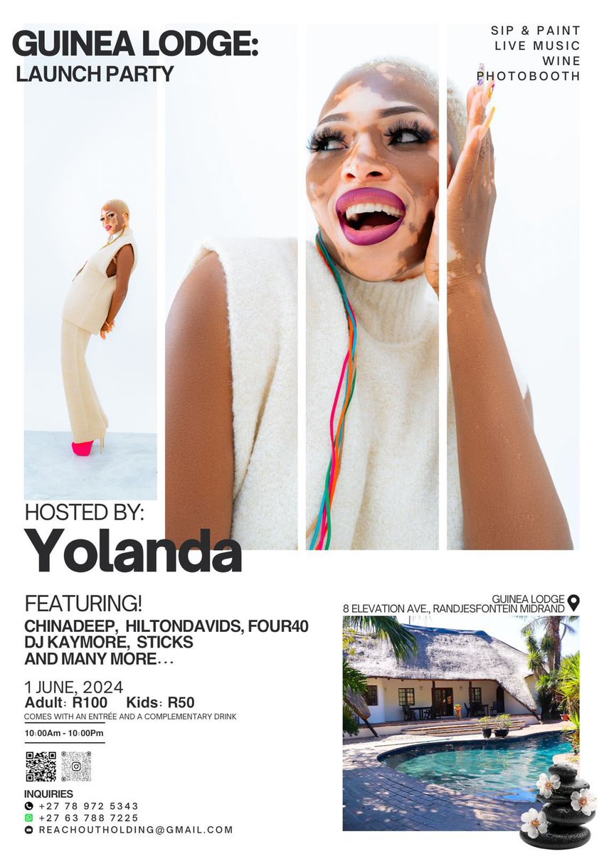 Good Day Yolifires,

Yolanda will be the host of the GUINEA LODGE Launch on the first of June. Tickets are R100 for adults, which includes a complimentary drink, and R50 for kids. However, we have a special offer from the 19th to the 26th of May: tickets are R60 for adults and