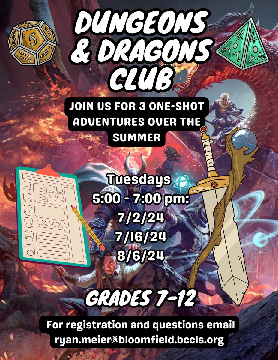 Great programming from Bloomfield Public Library for teens this summer! See flyers for details.
Dungeons &amp; Dragons Club