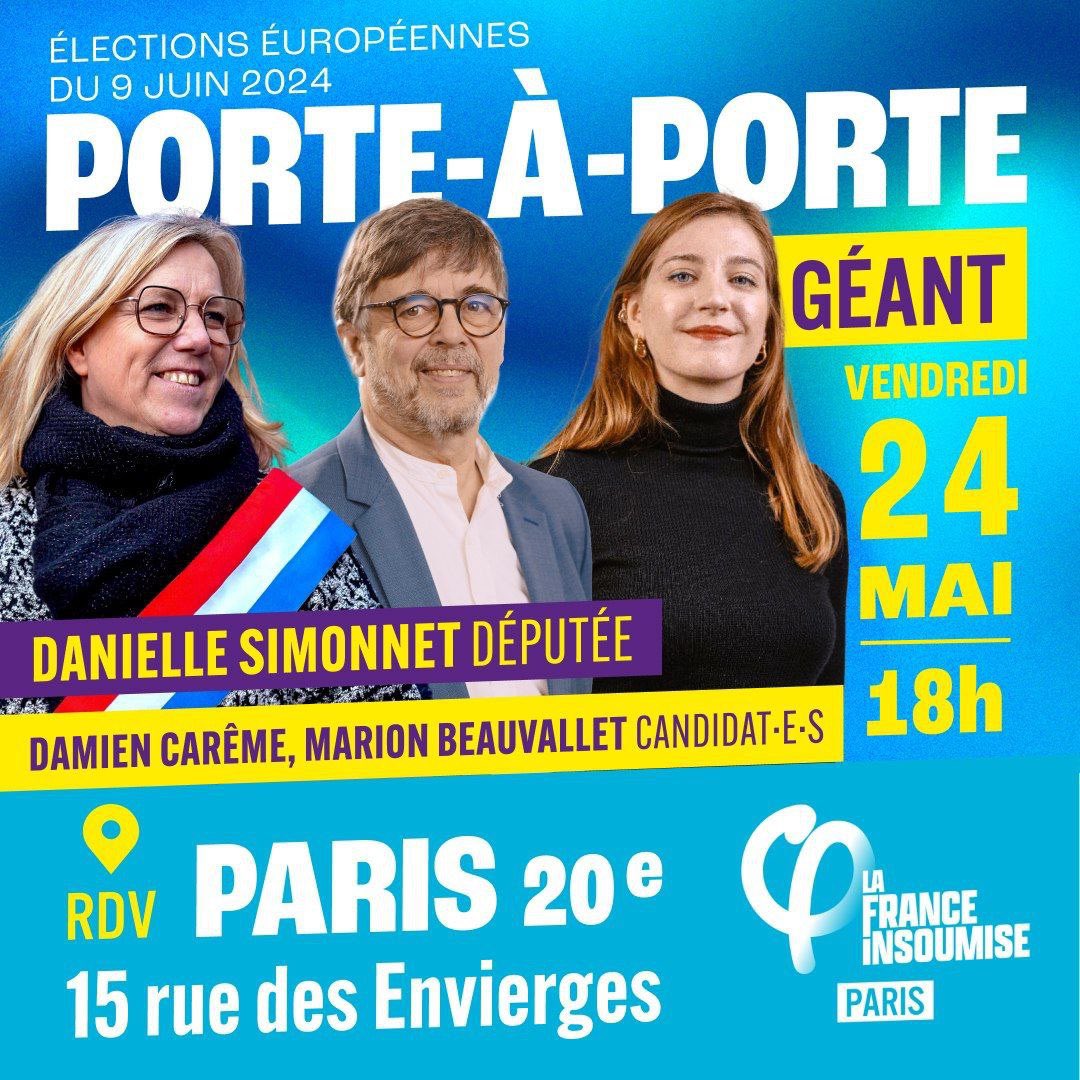 TOUS À BELLEVILLE VENDREDI 🔥 ⚡️Rendez-vous ce vendredi 24/05 pour un porte à porte géant avec @SimonnetDeputee , @DamienCAREME et @MarionBeauvalet à 18h dans le 20e (Quartier Belleville - 15, rue des Envierges) ! Mobilisons-nous pour faire voter #UnionPopulaire le 9 juin !