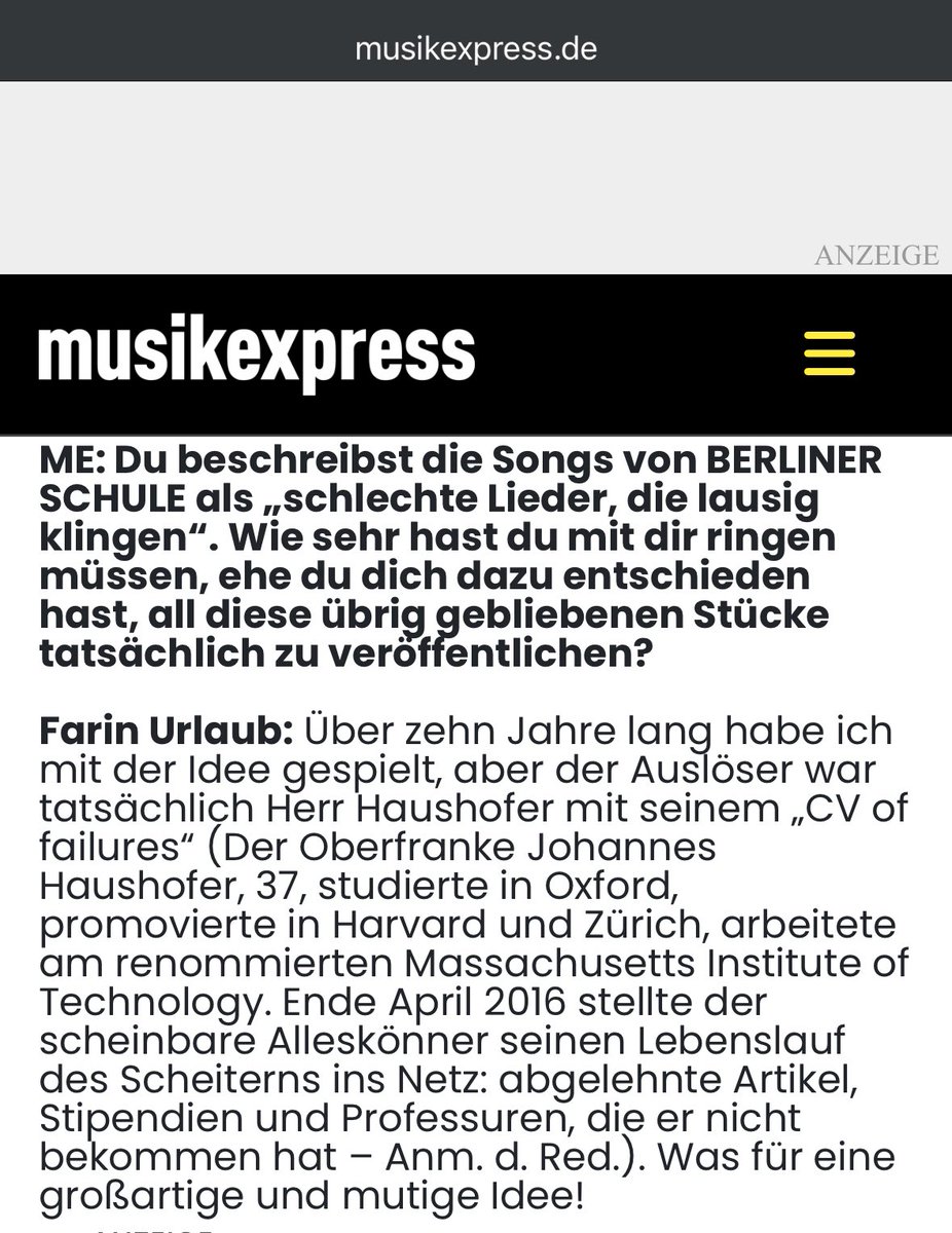 In 2017, Farin Urlaub of the German punk band “Die Ärzte” put out an album called “Berliner Schule” with songs that had failed to make it onto other albums. 

Turns out it was inspired by my CV of failures from 2016! 

Interview where he tells the story: musikexpress.de/farin-urlaub-i…