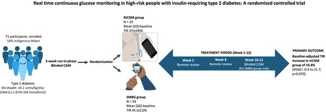 New RCT of rtCGM in #type2diabetes in 🇳🇿 (n=67) for 12w

👥 insulin (basal, mixed & basal/bolus)

👥 59% Māori 

👉ns⤴️ TIR - 10.4%

🔹No severe hypoglycaemia in study 

👉small under powered study, but reassuring 

🔗 onlinelibrary.wiley.com/doi/full/10.11…

@kamleshkhunti @TBattelino