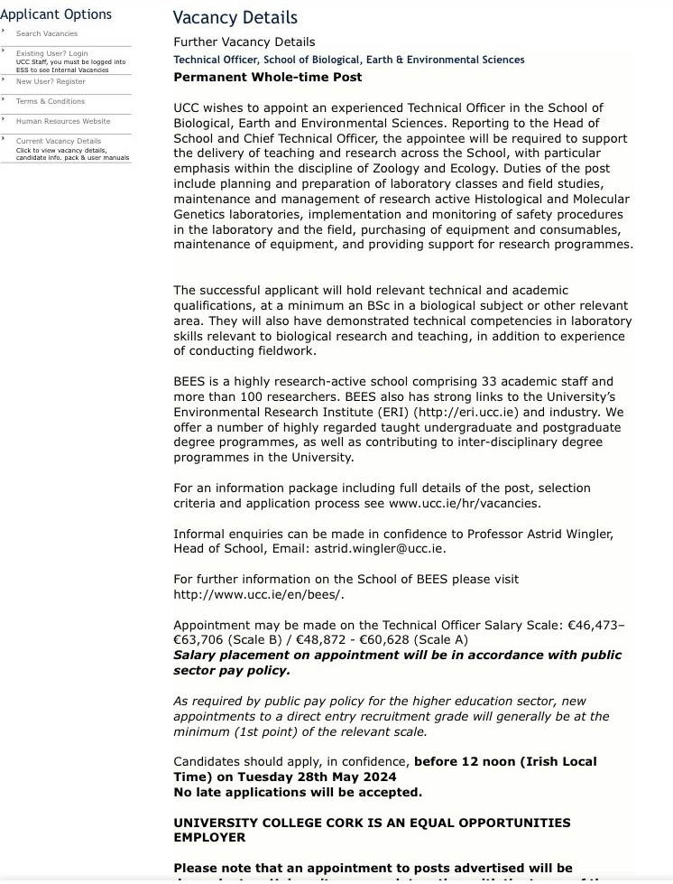 Biological, Earth & Environmental Sciences, UCC (@uccbees) on Twitter photo We are looking to recruit a Technical Officer here at the School of BEES. 
Details: ucc.ie/en/hr/vacancie… We are looking to recruit a Technical Officer here at the School of BEES. 
Details: ucc.ie/en/hr/vacancie…