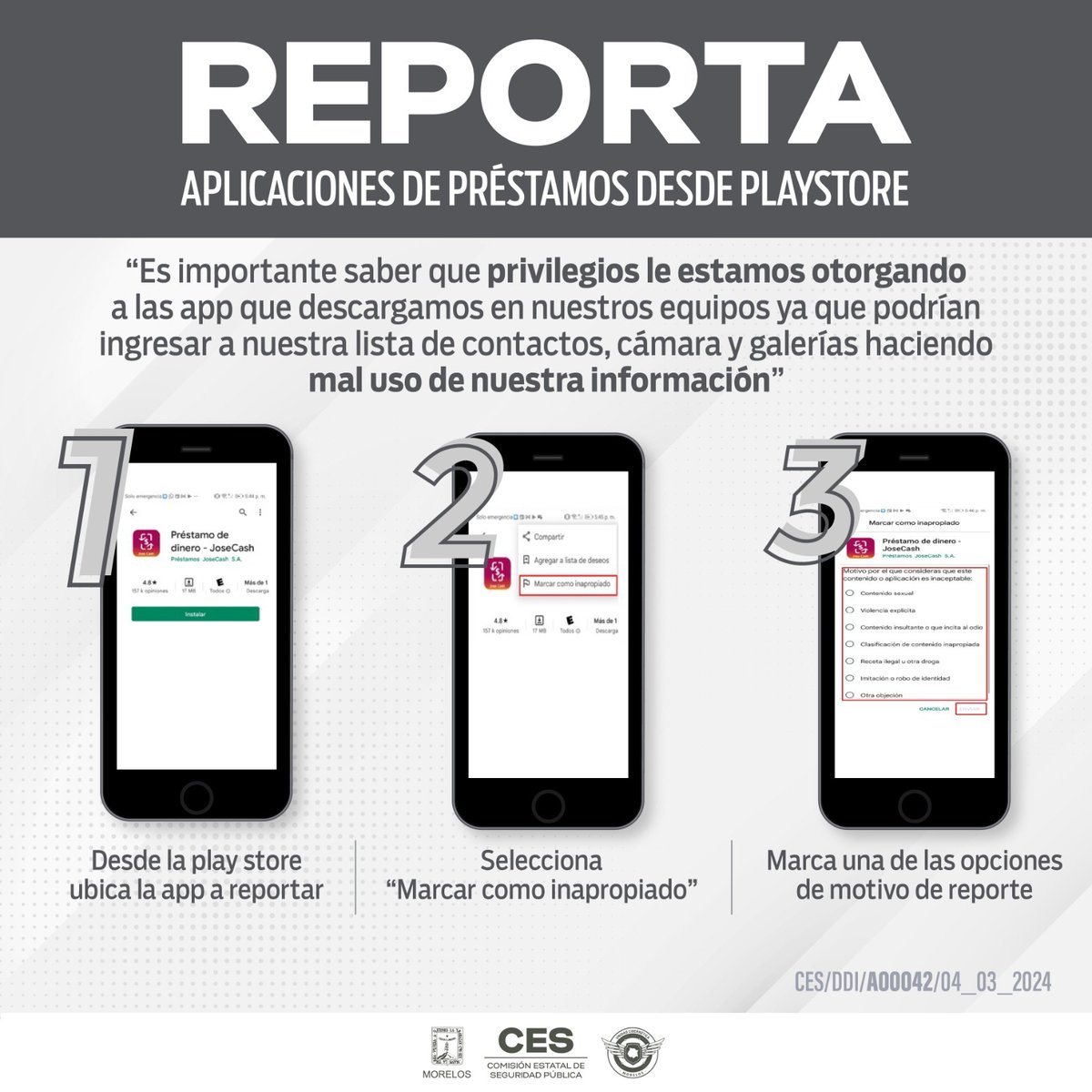 Conoce los pasos para reportar aplicaciones falsas 🚫📱⚠️ 

#Morelos #PolicíaMorelos #Seguridad #SeguriChat #CesMorelos