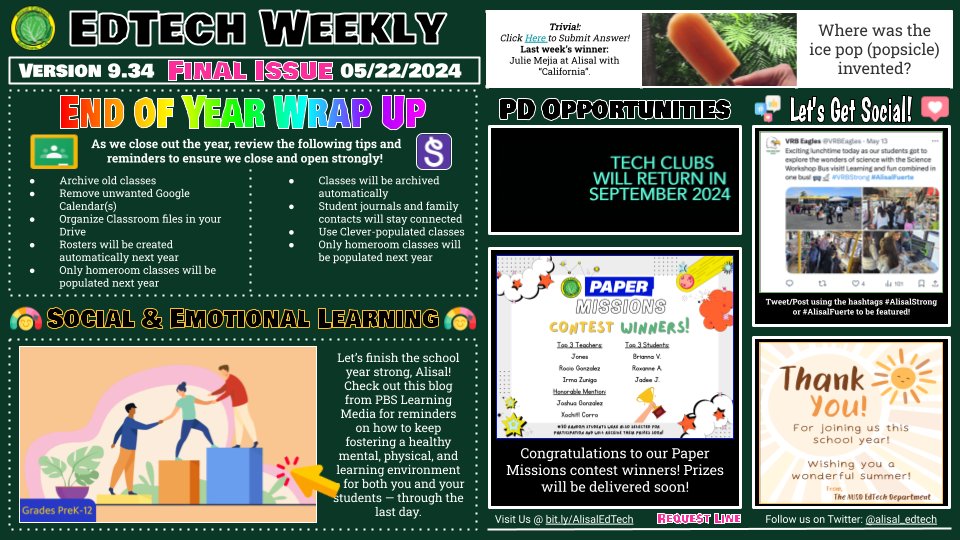 Alisal EdTech (@alisal_edtech) on Twitter photo Hello <a href="/AlisalUSD/">Alisal Union SD</a>☀️ In the last EdTech Weekly of the year you will find End of the Year Wrap Up 🎀, SEL 🥰, PAPER Missions Contest Winners, 🎉, Trivia Question❓…and more! 🫶🏼 Have a memorable end of the year! 😎 #AlisalStrong #AlisalFuerte
bit.ly/AlisalWeekly Hello <a href="/AlisalUSD/">Alisal Union SD</a>☀️ In the last EdTech Weekly of the year you will find End of the Year Wrap Up 🎀, SEL 🥰, PAPER Missions Contest Winners, 🎉, Trivia Question❓…and more! 🫶🏼 Have a memorable end of the year! 😎 #AlisalStrong #AlisalFuerte
bit.ly/AlisalWeekly