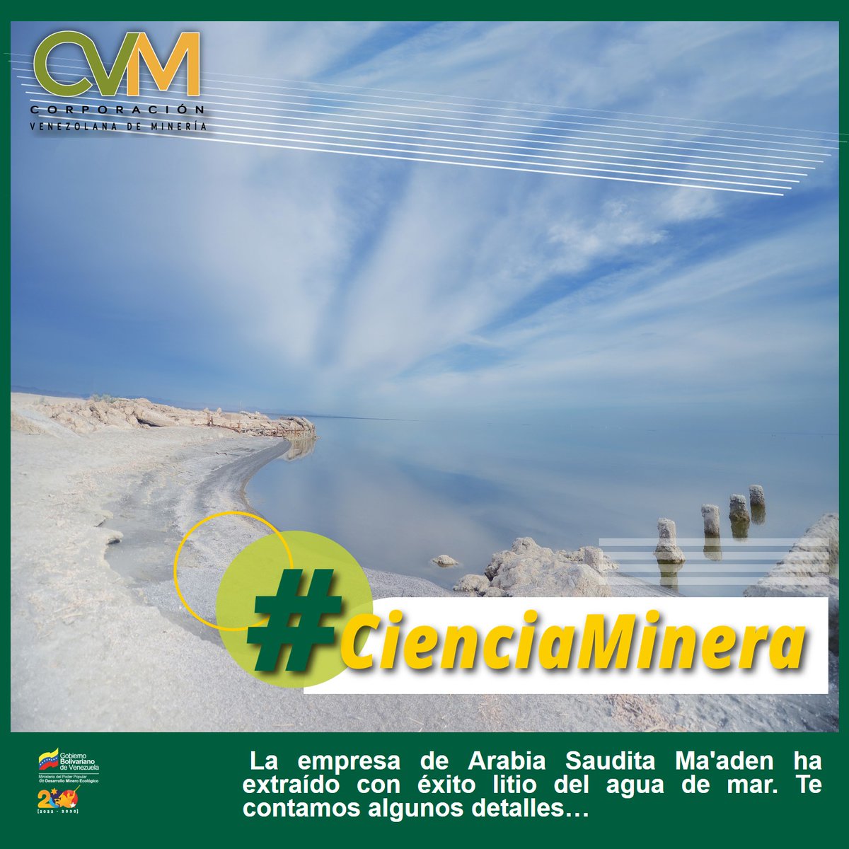 cvm_ve's tweet photo. #CienciaMinera || La empresa de Arabia Saudita Ma'aden ha extraído con éxito litio del agua de mar.

Aunque no se ofrecieron mayores detalles, se estima que se trata de un proyecto piloto y aún no se encuentra en niveles comercialmente viables.

#22May 
#PuebloMaduroPaLasQueSea https://t.co/AWC4tSH5oi