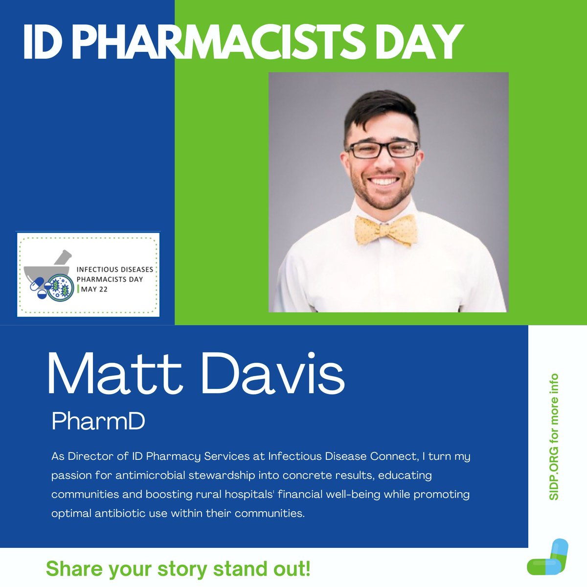 Love to see the impact ID Pharmacists make to improve patient care, optimize antibiotic use, & collaborate within multidisciplinary ID care teams! 💊 💙 Our final Share your Story includes SIDP stand-out, Dr. @MattDavis138 & his impact at @IDConnect1! #IDPharmacistsDay 🦠
