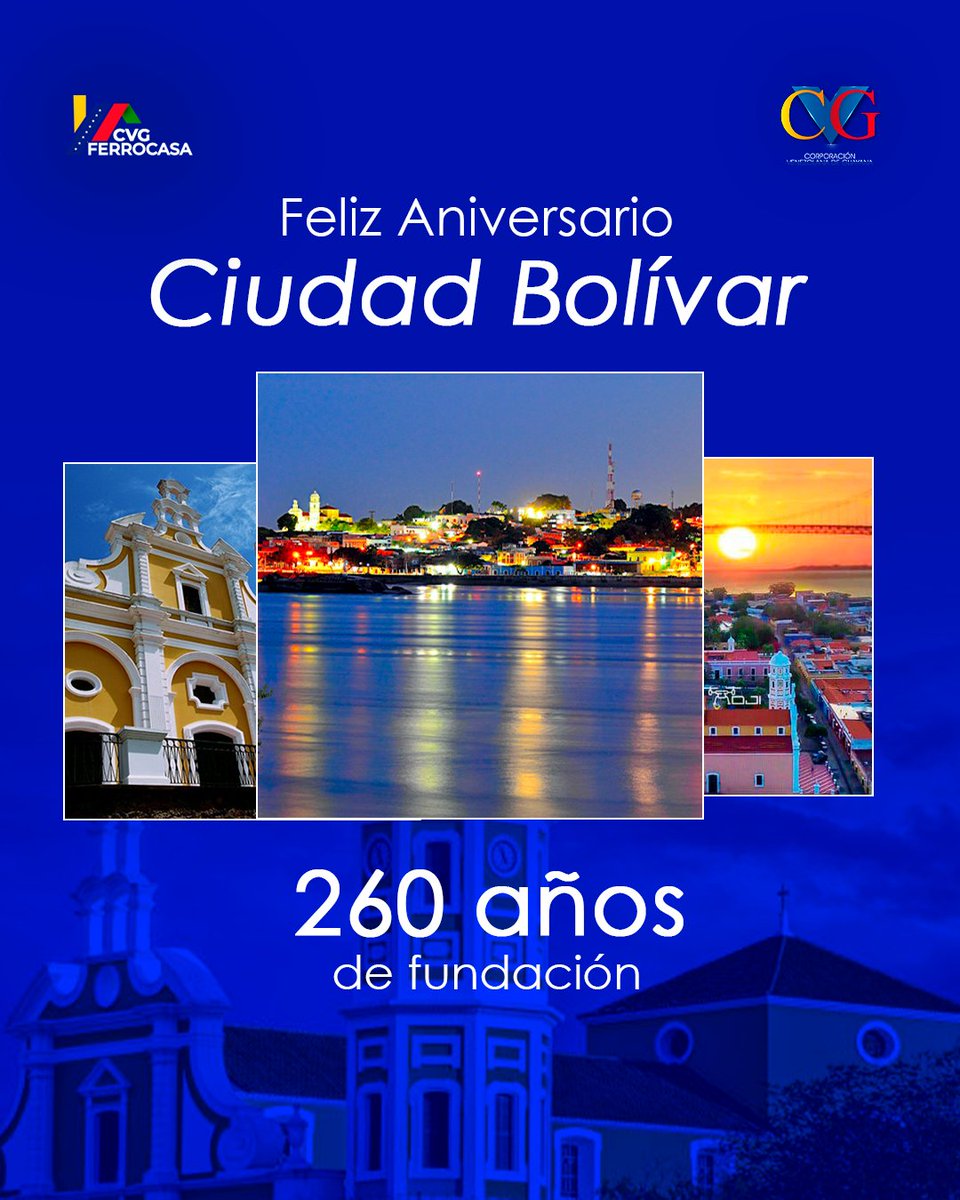 Celebramos con orgullo junto los 260 años de nuestra majestuosa Ciudad Bolívar, tierra de oportunidades, llena de historia crucial en la independencia de nuestra amada #Venezuela 

¡Viva Bolívar! 

<a href="/CVG_Oficial/">Corporación Venezolana de Guayana - CVG</a>
