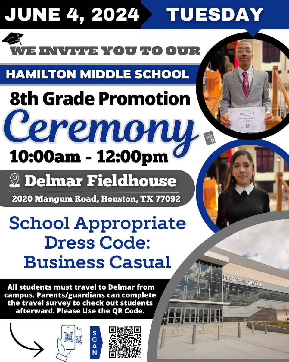 REMINDER: SAVE THE DATE for Our  2024 8th Grade Ceremony Information!!

⤵️**8th Grade ONLY⤵️

🗓 June 4, 2024 (Tuesday)
⏰ 10:00am
📍 Delmar Fieldhouse

@HISDCentral @TeamHISD <a href="/MrsAguasTweets/">Tricia N. Aguas</a> <a href="/MrsAgnew18/">Coach A M.Ed</a> <a href="/petecarter3/">Erika Carter</a> <a href="/BrettStidham/">Brett Stidham</a> <a href="/JobsonMath/">mathTECHmatics</a> <a href="/BluiettLucretia/">Lucretia Bluiett</a>