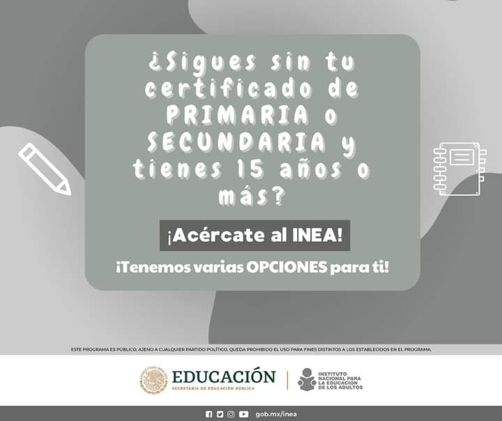 ¡Aprovecha las opciones educativas que el #INEA tiene para ti!

Nuestros servicios son gratuitos. 🎓🌟

Síguenos: 👇📱💻
instagram.com/inea_em/

#Alfabetización.
#Primaria.
#Secundaria.
#INEA
#EducaciónGratuita
#PreguntasFrecuentes
#ResolviendoDudas
#PrimariaySecundaria