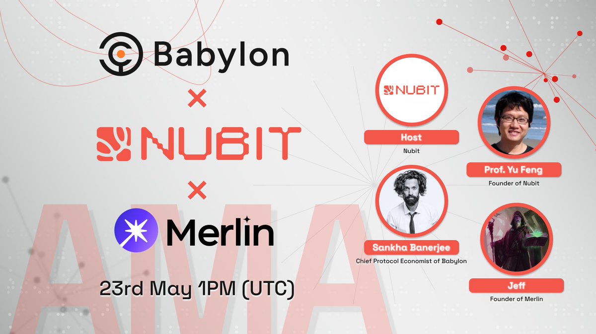 nubit_org's tweet image. Nubit x Babylon x Merlin AMA

Explore the partnership between @nubit_org, @babylon_chain, and @MerlinLayer2, and our shared vision for building the future of BTC ecosystem! 🚀

🎤 Speakers:
- Prof. Yu Feng @captain8299, Founder of @nubit_org
- Sankha Banerjee @BanerjeSankha,…