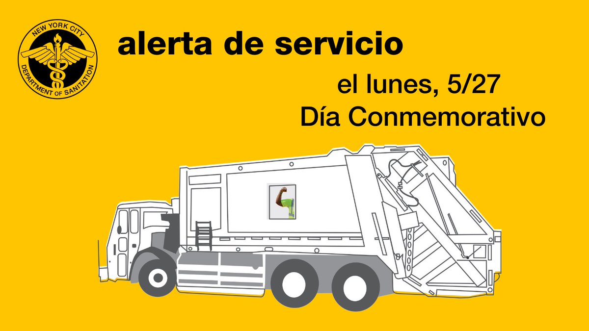 No hay recolección el lunes 5/27, Día Conmemorativo   Si el lunes es su día de basura, reciclaje o compostaje, ponga su material afuera el lunes por la noche para recolección a partir del martes, 5/28.